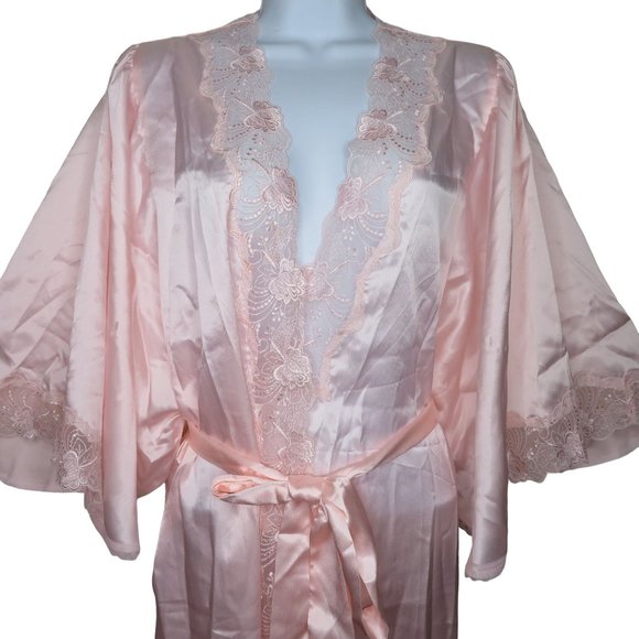 Vintage Full Length Satin Dressing Gown Robe L Pink Lace Belted Bell Sleeve NEW - Picture 7 of 10